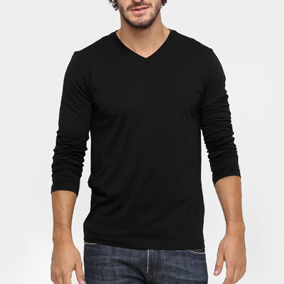 Camiseta Manga Longa Gola V Algodão Classic